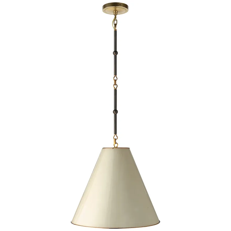 Thomas O'Brien Goodman Small Hanging Light in Bronze and Hand-Rubbed Antique Brass with Antique White Shade Ceiling Light W15"