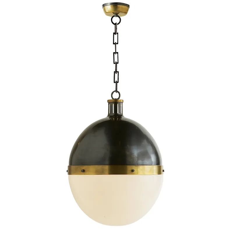 Thomas O'Brien Hicks Extra Large Pendant in Bronze and Hand-Rubbed Antique Brass with White Glass Ceiling Light W16" x H22"