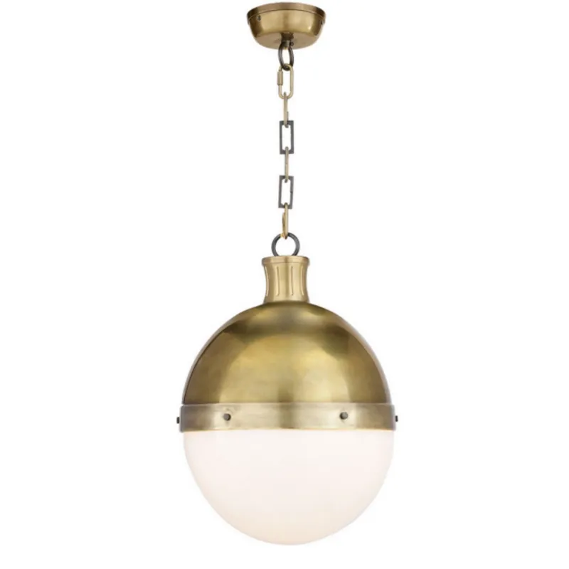 Thomas O'Brien Hicks Large Pendant in Hand-Rubbed Antique Brass with White Glass Ceiling Light W13.25" x H18"
