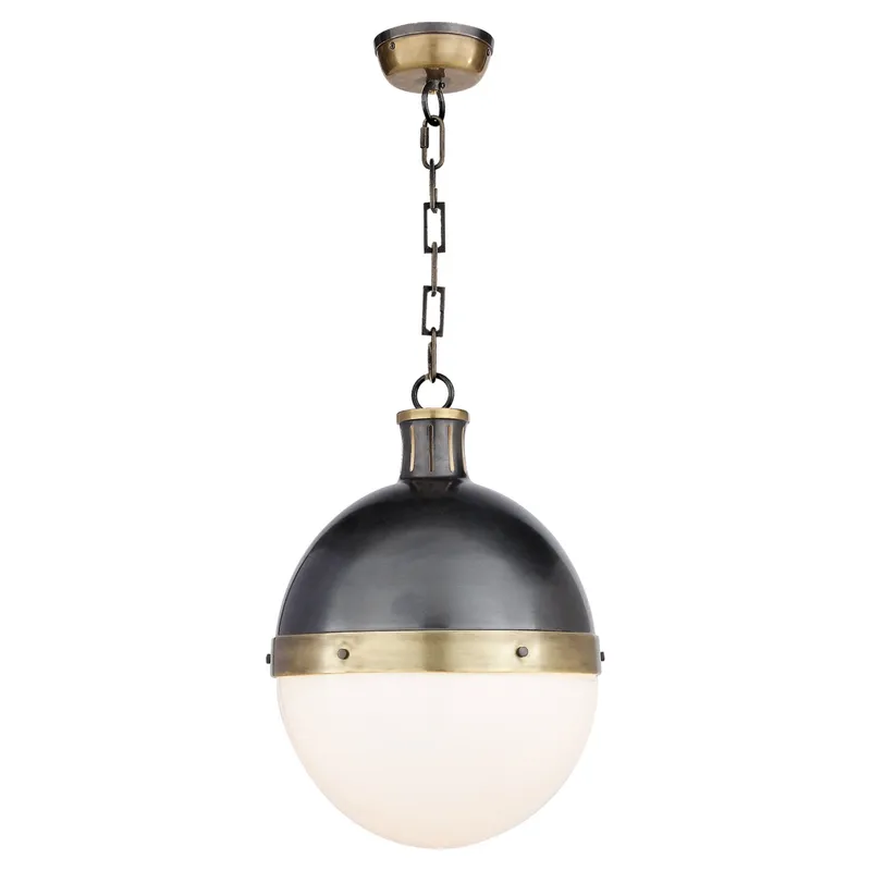Thomas O'Brien Hicks Large Pendant in Bronze and Hand-Rubbed Antique Brass with White Glass Ceiling Light W13.25" x H18"