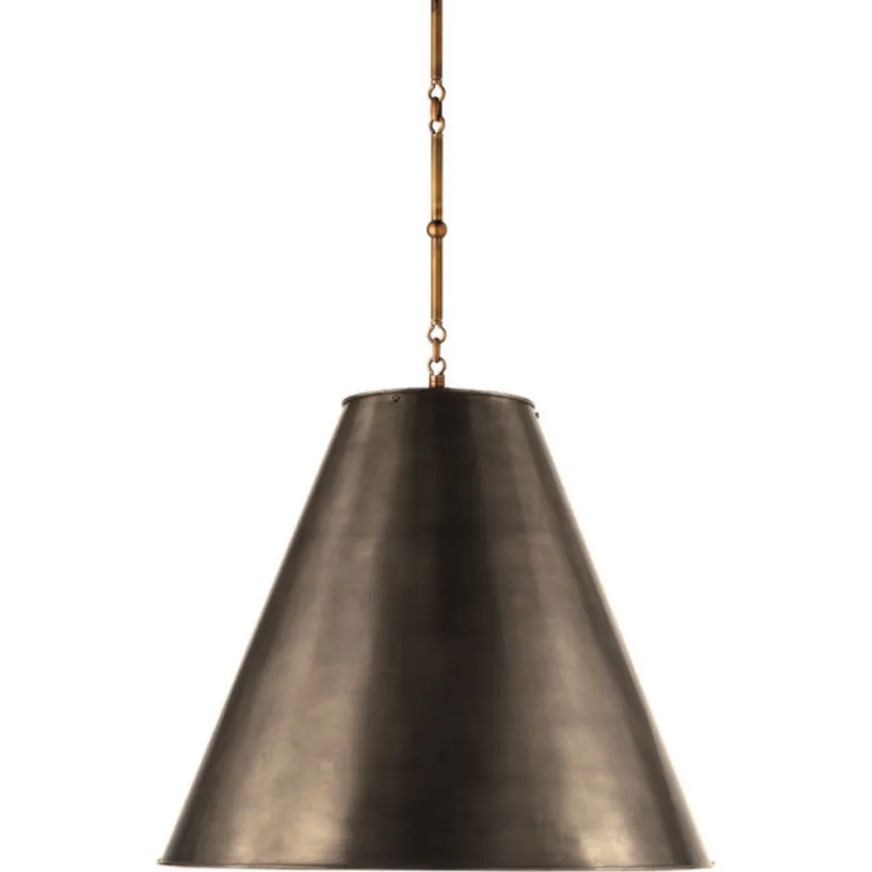 Thomas O'Brien Goodman Large Hanging Lamp in Hand-Rubbed Antique Brass with Bronze Shade Ceiling Light W24"