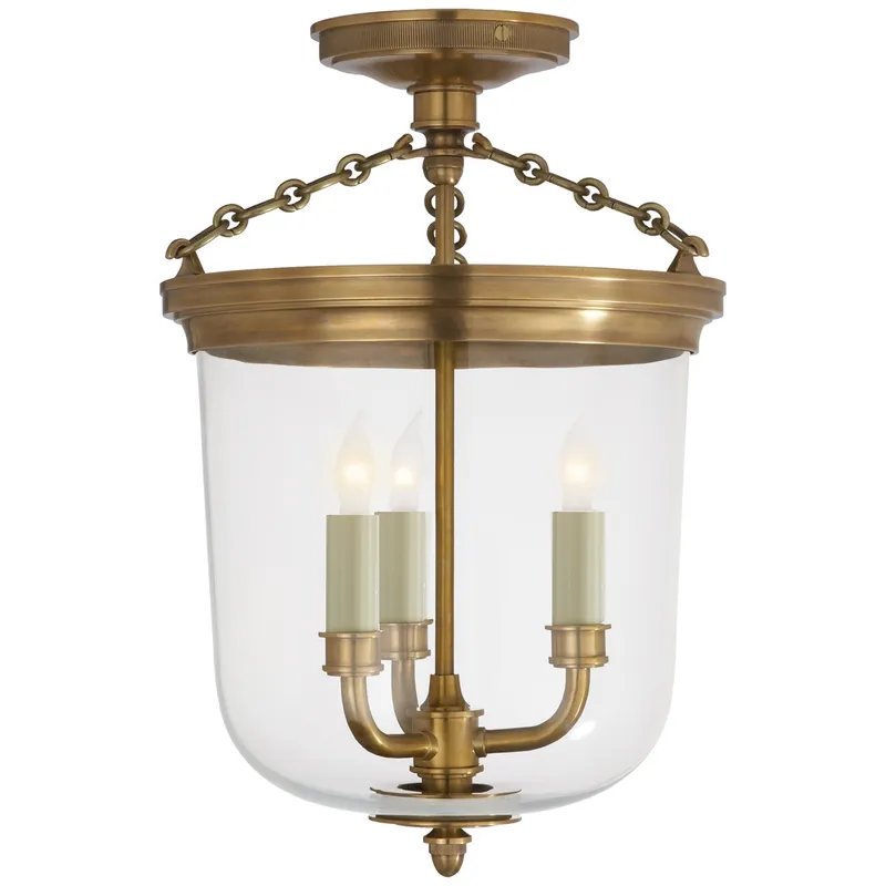Thomas O'Brien Merchant Semi-Flush in Hand-Rubbed Antique Brass with Clear Glass Ceiling Light W11.25" x H16.5"