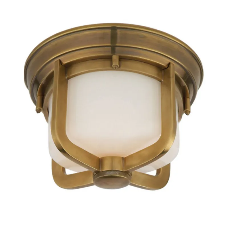 Thomas O'Brien Milton Short Flush Mount in Hand-Rubbed Antique Brass with White Glass Ceiling Light W9.5" x H6"