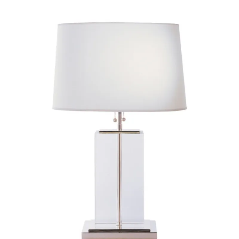Thomas O'Brien Block Large Table Lamp in Crystal and Polished Silver with Cotton Shade W16.75" x H26"