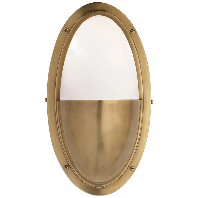 Thomas O'Brien Pelham Oval Light in Hand-Rubbed Antique Brass with White Glass Wall Light W6.25" x H11.5"
