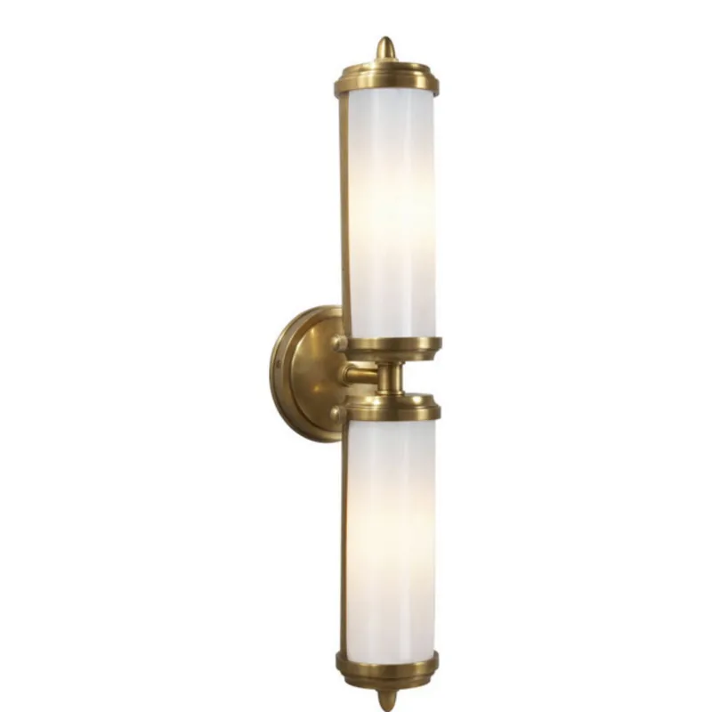 Thomas O'Brien Merchant Double Bath Light in Hand-Rubbed Antique Brass with White Glass Wall Light W3.75 x H20.25"