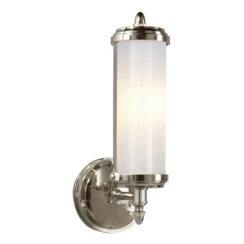 Thomas O'Brien Merchant Single Bath Light in Polished Nickel with White Glass Wall Light W4.5" x H12.25"