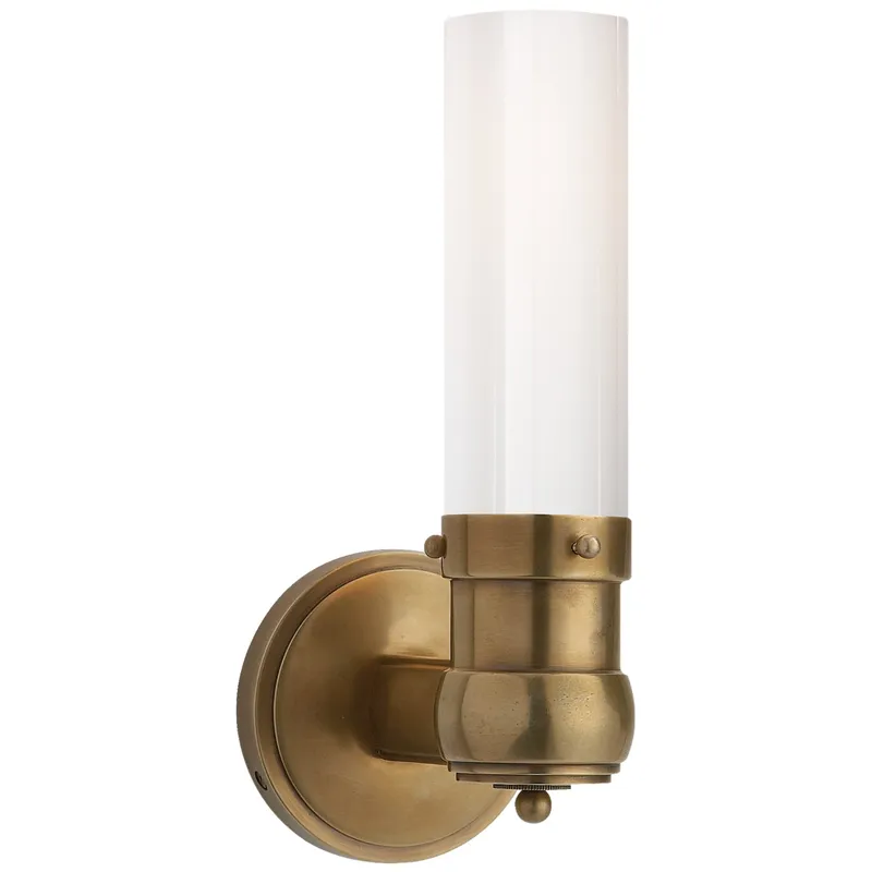Thomas O'Brien Graydon Single Bath Light in Hand-Rubbed Antique Brass with White Glass Wall Light W4.25" x H11.5"
