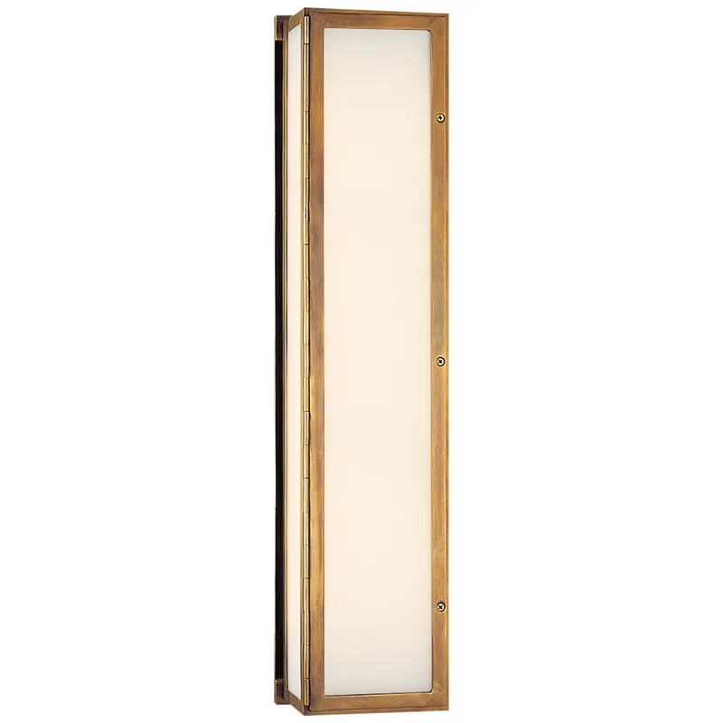 Thomas O'Brien Mercer Long Box Light in Hand-Rubbed Antique Brass with White Glass Wall Light W5.5" x H24"