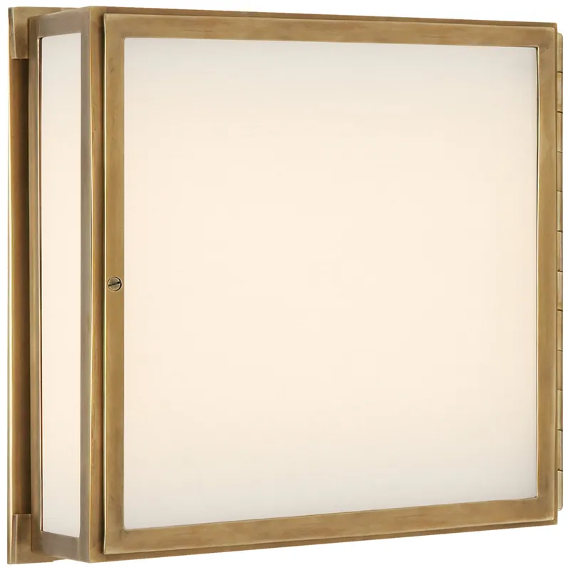 Thomas O'Brien Mercer Square Box Light in Hand-Rubbed Antique Brass with White Glass Wall Light W12" x H12"
