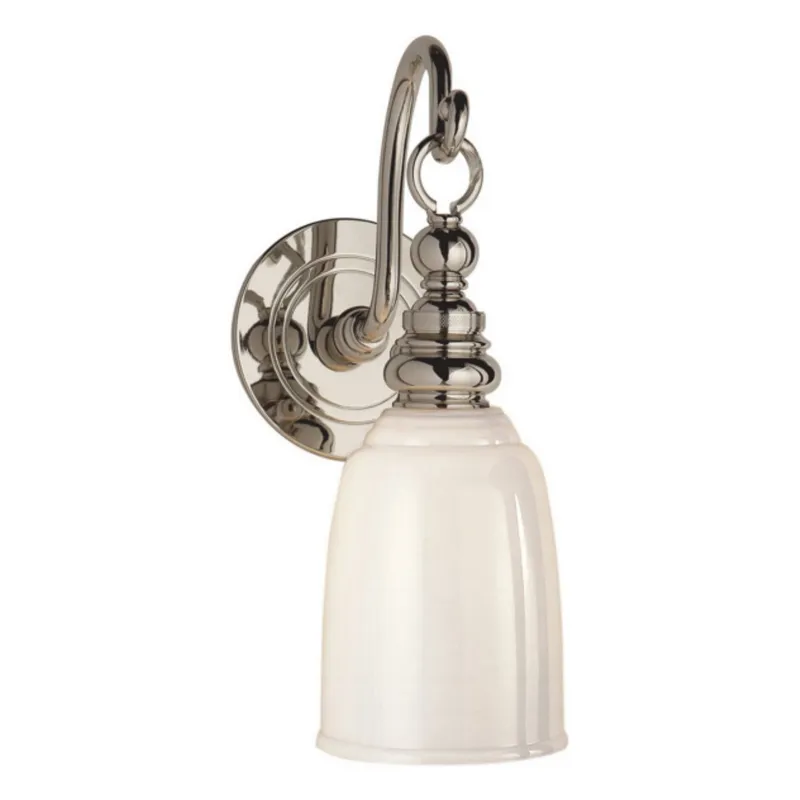 Chapman & Myers Boston Loop Arm Sconce in Polished Nickel with White Glass Wall Light W4.75" x H12.5"