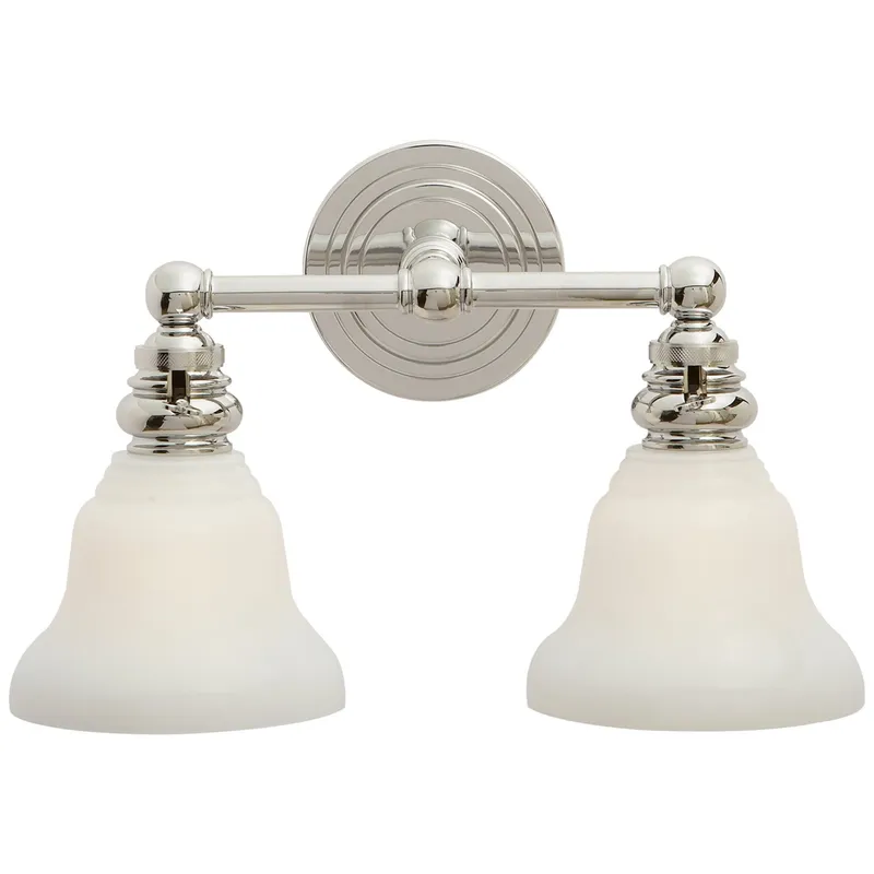 Chapman & Myers Boston Functional Double Light in Polished Nickel with White Glass Wall Light W14.5" x H9"