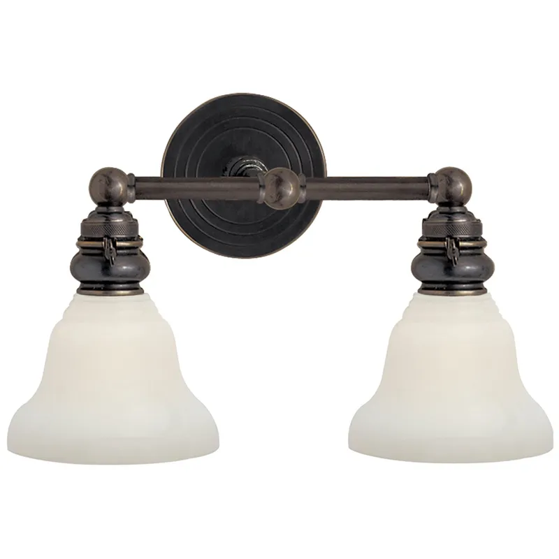 Chapman & Myers Boston Functional Double Light in Bronze with White Glass Wall Light W14.5" x H9"