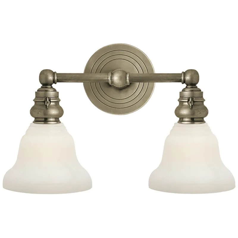 Chapman & Myers Boston Functional Double Light in Antique Nickel with White Glass Wall Light W14.5" x H9"