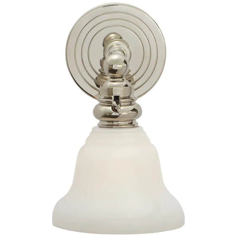 Chapman & Myers Boston Functional Single Light in Polished Nickel with White Glass Wall Light W5.75" x H9"