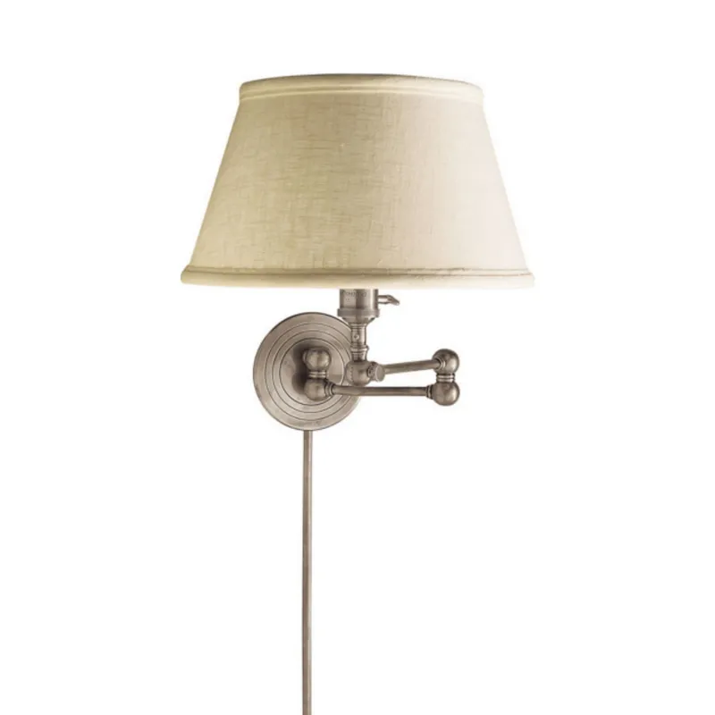 Chapman & Myers Boston Swing Arm in Antique Nickel with Linen Shade Wall Light W17" x H13"