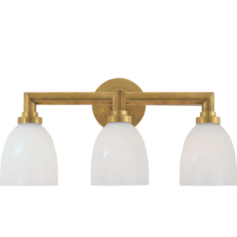 Chapman & Myers Wilton Triple Bath Light in Hand-Rubbed Antique Brass with White Glass Wall Light W21.5" x H10.5"