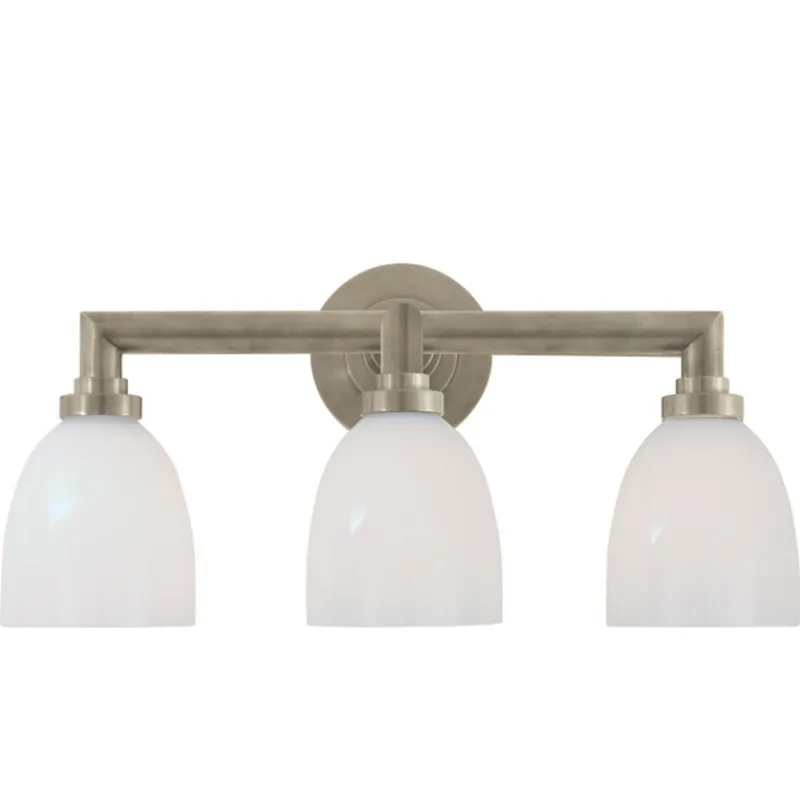 Chapman & Myers Wilton Triple Bath Light in Antique Nickel with White Glass Wall Light W21.5" x H10.5"