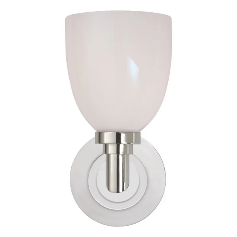 Chapman & Myers Wilton Single Bath Light in Polished Nickel with White Glass Wall Light W5" x H10.25"