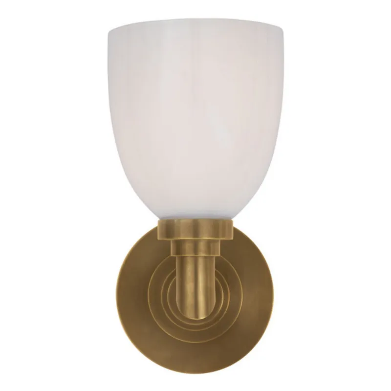 Chapman & Myers Wilton Single Bath Light in Hand-Rubbed Antique Brass with White Glass Wall Light W5" x H10.25"