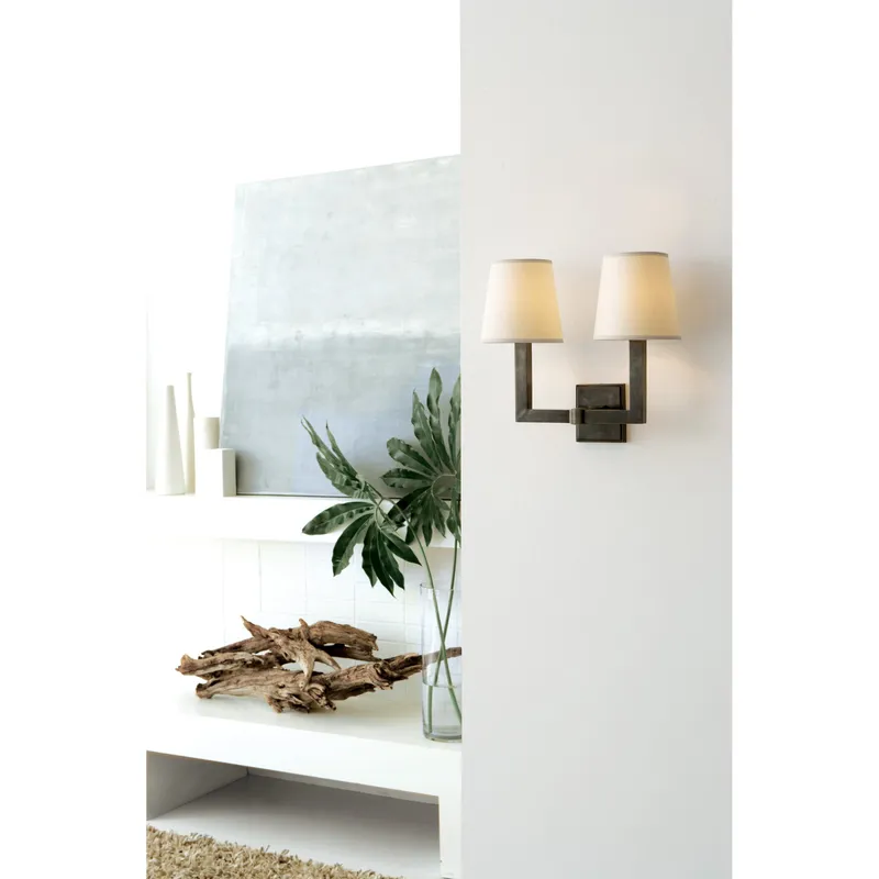 Chapman & Myers Square Tube Double Sconce in Bronze with Natural Paper Shades Wall Light W15" x H14"