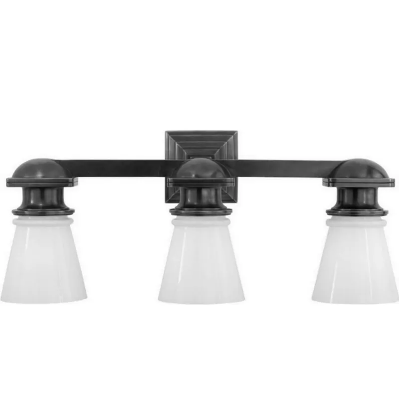 Chapman & Myers New York Subway Triple Light in Polished Nickel with White Glass Wall Light W22.75" x H9.75"