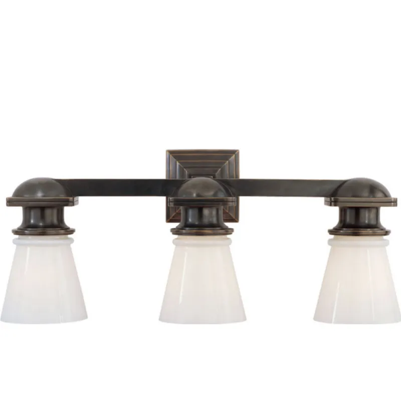 Chapman & Myers New York Subway Triple Light in Bronze with White Glass Wall Light W22.75" x H9.75"