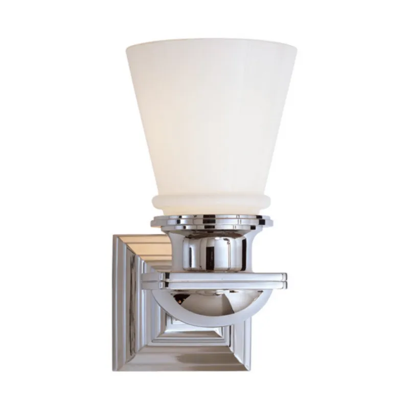 Chapman & Myers New York Subway Single Light in Polished Nickel with White Glass Wall Light W5" x H9.75"