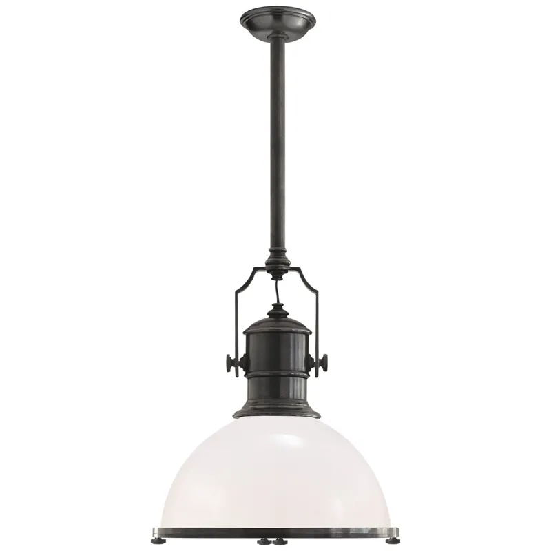 Chapman & Myers Country Industrial Large Pendant in Bronze with White Glass Shade Ceiling Light W19.5"