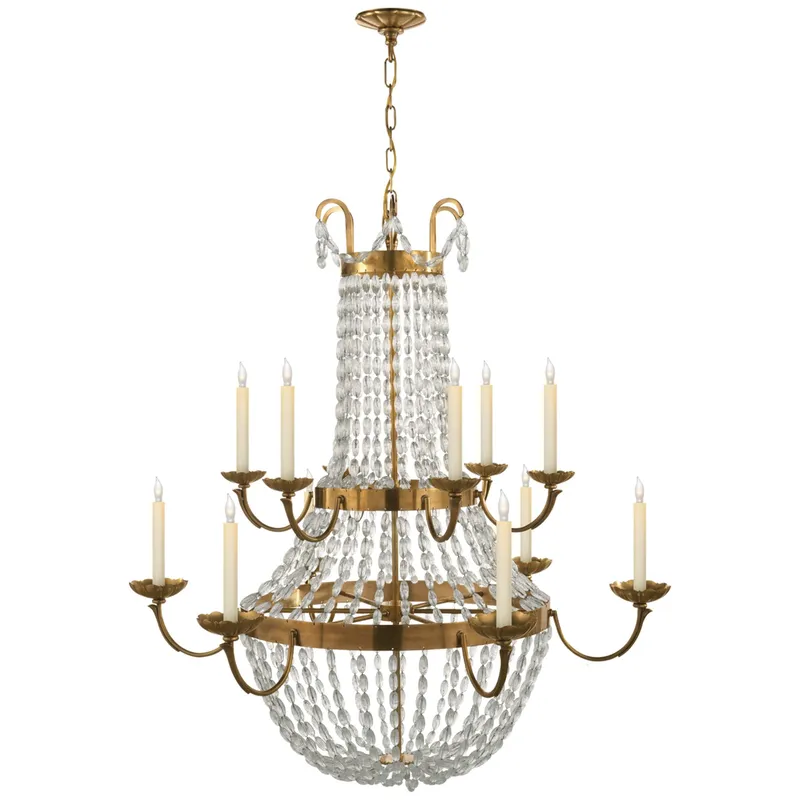 Chapman & Myers Paris Flea Market Grande Chandelier in Antique-Burnished Brass with Seeded Glass Ceiling Light W39.5" x H41"