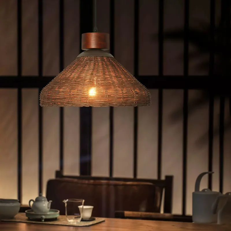 Hakka Conical Dark Brown Wicker Rattan Pendant Light